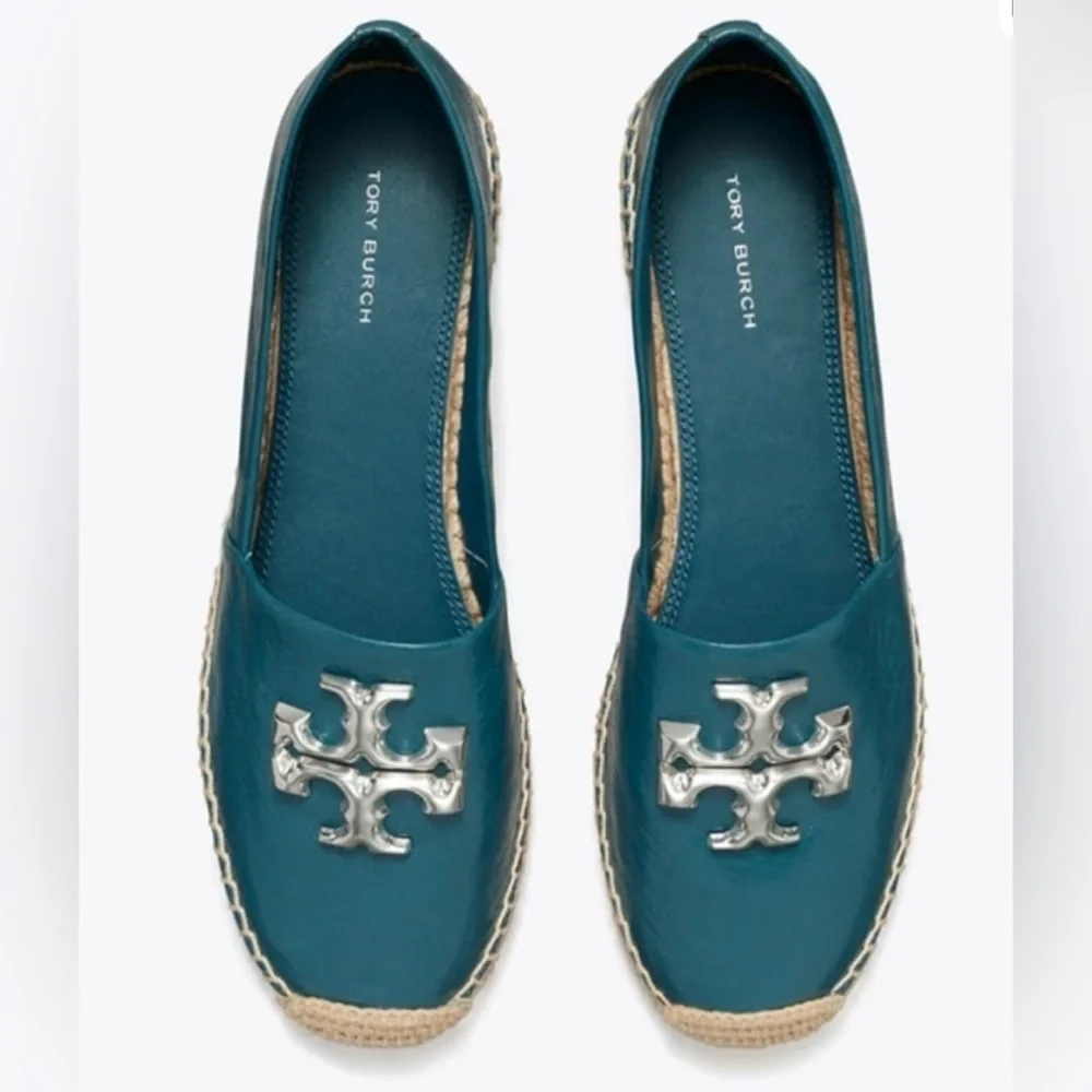 NWOT Tory Burch Teal Espadrilles with Silver Logo